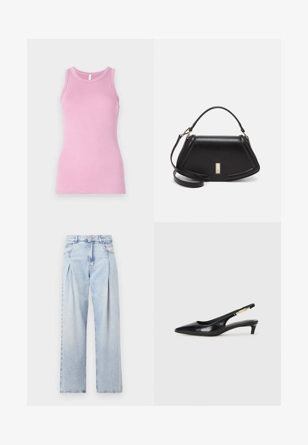 Top rosa de tirantes con un diseño ajustado, que presenta un cuello redondo y textura acanalada. Sin patrones ni acentos presentes.; Jeans de mezclilla azul claros con cintura alta, corte de pierna ancha, dos bolsillos laterales y un diseño plisado. Textura suave con un acabado deslavado.; Tacones negros de piel sintética tipo slingback con punta afilada, que cuentan con un tacón delgado y un detalle en tono dorado en la correa ajustable. Textura suave.; Bolso de mano de cuero negro con un diseño estructurado, que presenta una forma recortada, asa superior y acentos en dorado. Correa de hombro ajustable incluida.