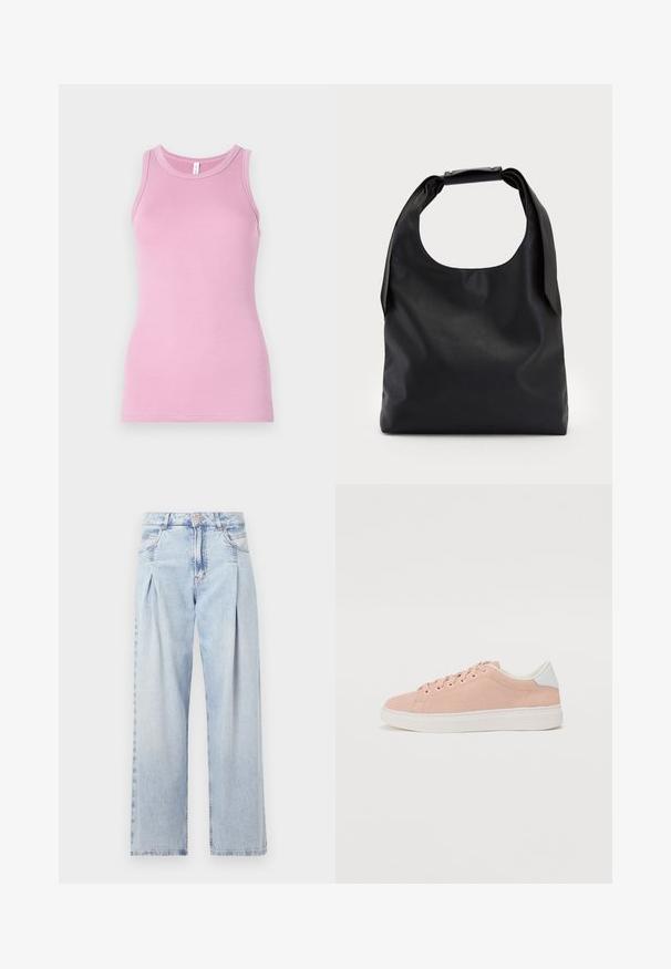 Ružový top bez rukávov s priliehavým strihom, so zaobleným výstrihom a rebrovanou textúrou. Bez vzorov alebo akcentov.; Svetlomodré džínsy s vysokým pásom, širším strihom po celej dĺžke, dvoma bočnými vreckami a skladaným dizajnom. Mäkka textúra s vyblednutým vzhľadom.; Svetloružové semišové tenisky s bielou gumovou podrážkou, zaoblenou špičkou a bielym akcentom na päte. Obsahujú ploché šnúrky a minimálne logo na boku.; Čierna kožená hobo taška s jedným mäkkým, zaobleným uchom; má hladkú textúru a minimalistický dizajn. Žiadne viditeľné kovanie ani akcenty.