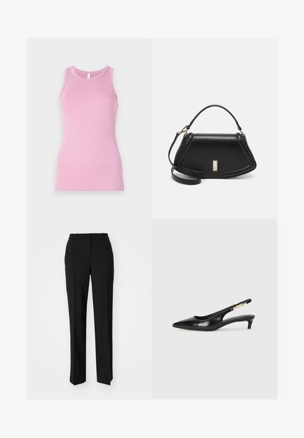 Pink tank top with a fitted design, featuring a round neckline and ribbed texture. No patterns or accents present.; Black tailored trousers with a straight-leg design, featuring a smooth texture and crisp creases along the front. No visible hardware.; Black leather slingback heels with a pointed toe, featuring a slim heel and a gold-tone accent on the adjustable strap. Smooth texture.; Black leather handbag with a structured design, featuring a cropped shape, top handle, and gold hardware accent. Adjustable shoulder strap included.
