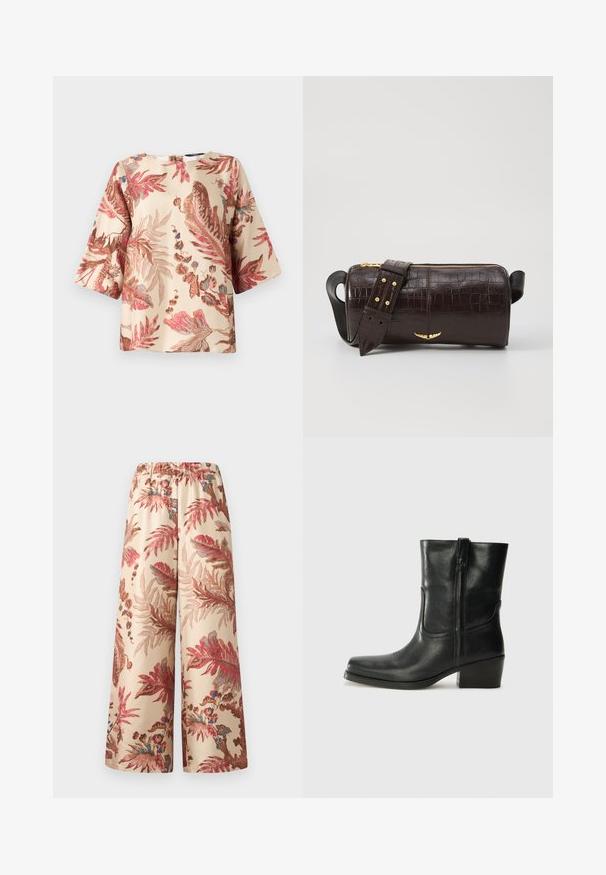 Blouse à motif floral en beige clair, avec des motifs de feuilles roses et brunes, manches courtes et un col rond avec une fermeture au dos.; Pantalons larges en tissu beige clair, avec un motif floral dans des nuances de rose, rouge et bleu, dotés d'une taille élastique.; Bottine en cuir noir avec un bout rond, un talon carré, une fermeture éclair sur le côté et des coutures décoratives sur l'empeigne. Texture lisse, design classique.; Sac en cuir embossé crocodile marron avec une forme cylindrique, quincaillerie dorée et une bandoulière détachable ornée de clous.