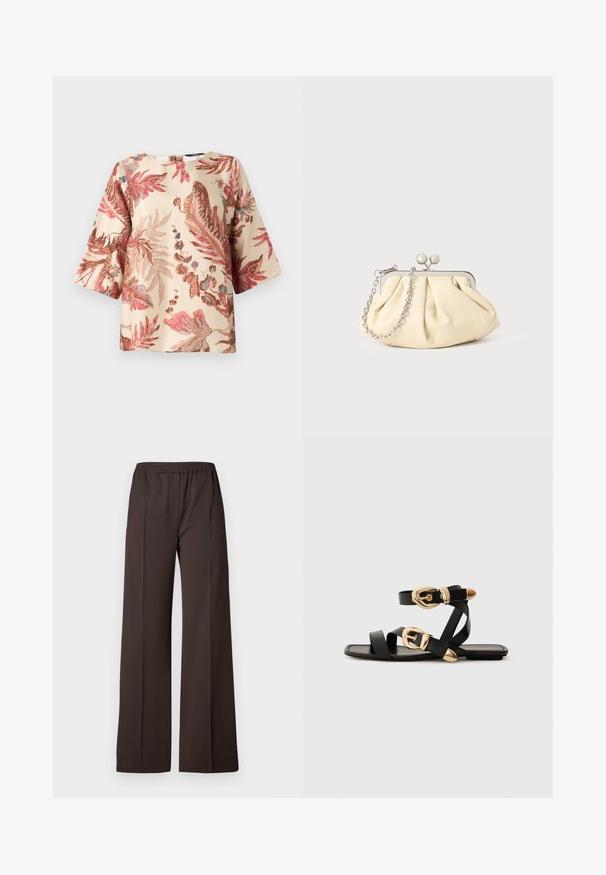 Floral-patterned blouse in light beige, featuring pink and brown leaf designs, short sleeves, and a round neckline with a back closure.; Wide-leg trousers in dark brown fabric with an elastic waistband, featuring a smooth texture and clean lines for a tailored look.; Black leather sandals with gold buckle accents, featuring multiple straps and a flat sole design for open-toe wear.; Pleated beige leather clutch with a silver metal frame, featuring two round decorative clasps and a silver chain strap.