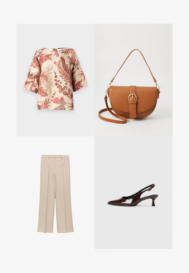 Bluzica s cvetnim vzorcem v svetlem bež odtenku, ki ima dizajne listov v rožnati in rjavi barvi, kratkimi rokavi in okroglim izrezom z zadnjim zapiranjem.; Svetlo bež široke hlače z gladko teksturo, ki imajo naguban sprednji del in stranske žepi ter oblikovan pas.; Rjavi lakirani slingback čevelj z ostro konico in zmerno peto. Ima zaponko za varno prileganje. Gladka tekstura.; Rjava usnjena torbica prek telesa s ukrivljeno obliko, zlate opreme in sponko. Ima odstranljiv naramni trak.