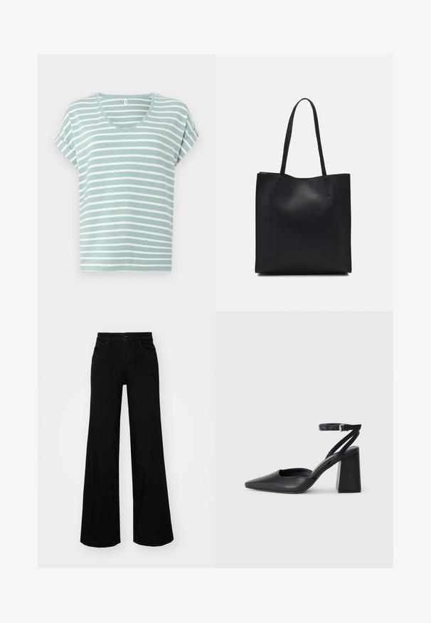 Light teal short-sleeve t-shirt with white horizontal stripes, featuring a V-neck and rolled sleeves, made from soft, smooth fabric.; Black wide-leg pants made of denim, featuring a structured waistband, belt loops, and front pockets. Smooth texture with a classic design.; Black leather pointy-toe pump with an ankle strap and a chunky heel. Flat texture, sleek design, and minimalistic aesthetics.; Black leather tote bag with smooth texture, rectangular shape, and two long handles. No visible hardware or embellishments.