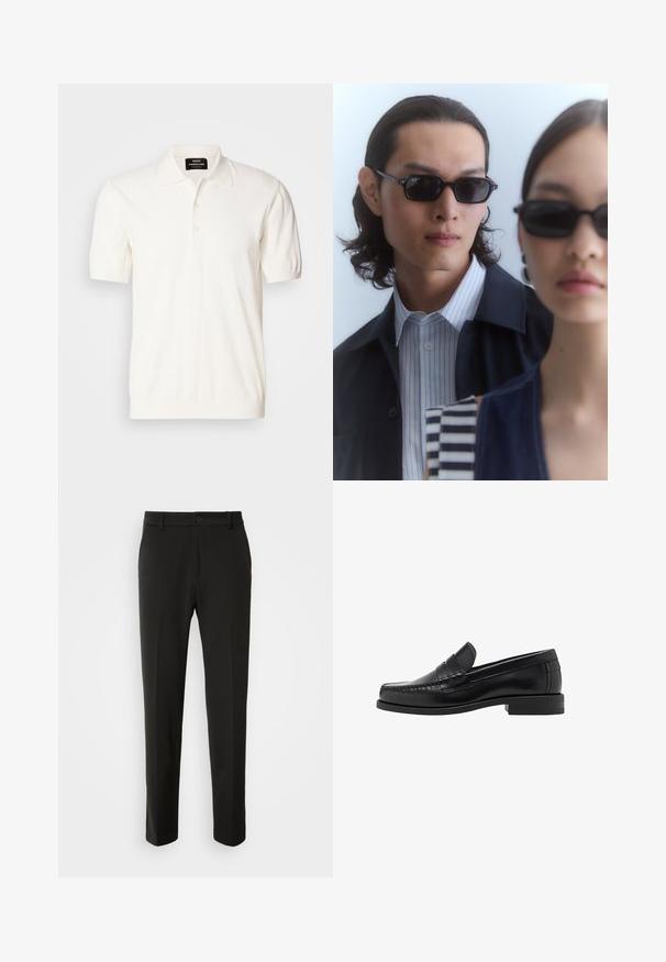 Polo majica kratkih rukava u boji slonovače, izrađena od pamuka, s klasičnim ovratnikom i kopčanjem na tri dugmeta, s glatkom, mekanom teksturom.; Crni hlače od glatkog materijala, s ravnim nogavicama, zatvaranjem na dugme i klasičnim dizajnom prikladnim za formalne ili ležerne prilike.; Crne kožne mokasine s glatkom površinom, šivenim detaljima na prstu i dizajnom niskog potplata za udobnost i stil.; Crne sunčane naočale s kutnim okvirom nose muškarac i žena. Muškarac ima plavu i bijelu prugastu košulju ispod tamnog sakoa; žena nosi tamnu, uzorkovanu majicu.
