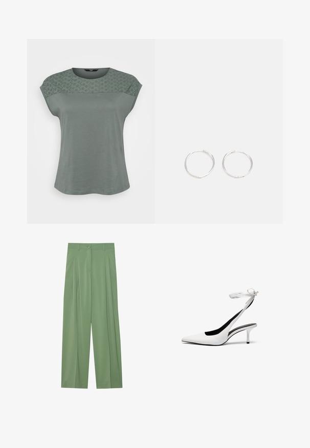 Naisten lyhythihainen paita pehmeässä, hillityssä vihreässä kankaassa, jossa on pitsimäinen kuviointi olkapäillä ja rento istuvuus.; Vihreät leveät housut, jotka on valmistettu sileästä kankaasta. Ominaisuuksiin kuuluu poimut etuosassa, yksi nappikiinnitys ja vyölenkit.; Valkoiset teräväkärkiset slingback-kengät, joissa on ohut nilkkahihna. Tasainen nahkamateriaali, ohut piikkikorko ja musta sisävuori.; Hopea rengas korvakorut, joissa on tyylikäs, pyöreä muotoilu, tasainen pinta ja ilman näkyviä koristeita. Halkaisija ei ole määritelty.
