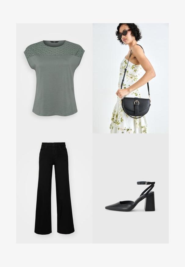 Top pentru femei cu mânecă scurtă, dintr-un material moale, verde deschis, cu un overlay dintr-un model asemănător dantelării la umeri și o croială lejeră.; Pantaloni negri cu picioare largi, din denim, cu un brau structurat, bucle pentru curea și buzunare frontale. Textură netedă, cu un design clasic.; Pantofii cu toc ascuțit din piele neagră, cu breteaua pentru glezne și toc gros. Textură netedă, design elegant și estetică minimală.; Geantă din piele neagră, cu o formă curbată, curea detașabilă și accesorii aurii. Geanta are un capac cu un detaliu tip cataramă.; Cercei din argint cu un design elegant și rotund, având o suprafață netedă și fără embellismente vizibile. Diametrul nu este specificat.