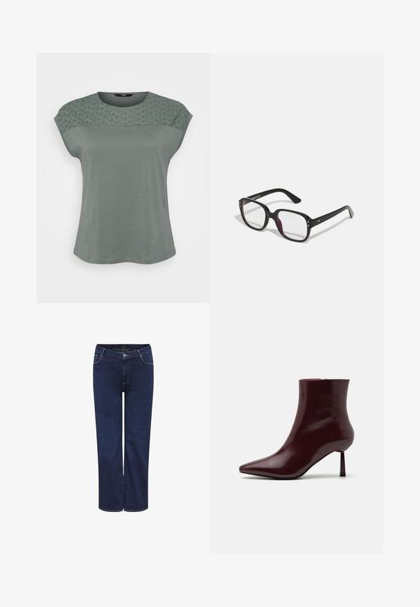 Short-sleeve women's top in soft, muted green fabric with a lace-like patterned overlay at the shoulders and a relaxed fit.; Dark blue denim jeans with a straight cut, five-pocket design, and a metal button closure. Medium-weight fabric with a smooth texture.; Burgundy patent leather ankle boot with a pointed toe and a slim stiletto heel, featuring a smooth, glossy texture and minimalistic design.; Black rectangular glasses with clear lenses, featuring rounded edges and side accents, with a glossy finish on the frame and arms.