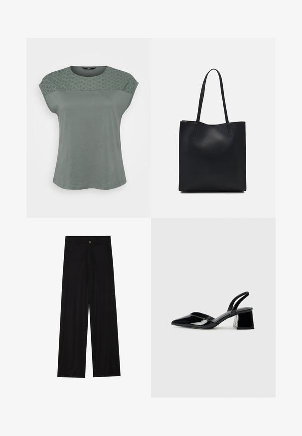Damenoberteil mit kurzen Ärmeln aus weichem, gedämpftem grünen Stoff, mit einer spitzenartigen Musterung an den Schultern und einer lockeren Passform.; Schwarz weit geschnittene Hose aus einem glatten Stoff, mit frontalen Taschen und einem Knopfverschluss an der Taille. Minimalistisches Design ohne Muster.; Schwarze Lackleder-Slingback-High Heels mit spitzem Schuh und einem geometrischen Blockabsatz. Verfügt über ein schlankes, minimalistisches Design und eine glatte Textur.; Schwarze Laptoptasche aus Leder mit glatter Textur, rechteckiger Form und zwei langen Griffen. Keine sichtbaren Beschläge oder Verzierungen.
