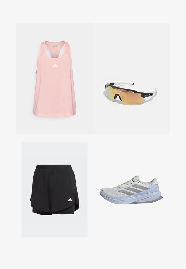 adidas Performance TRAIN ESSENTIALS MINIMAL BRANDING RACERBACK - Top - semi pink spark; Schwarze Sportshorts mit elastischem Bund, geschichteter Optik, inneren enganliegenden Shorts und einem weißen Logo auf der unteren linken Seite.; Laufschuhe mit einem leichten Netz-Obermaterial in Weiß, akzentuiert mit grauen Streifen. Die Sohle hat eine leichte Kurve und neon-gelbe Akzente.; Sonnenbrille mit einem schwarz-weißen Rahmen, großen verspiegelten Gläsern in Gold- und Rosatönen, aerodynamischem Design und einem erweiterten äußeren Rand.