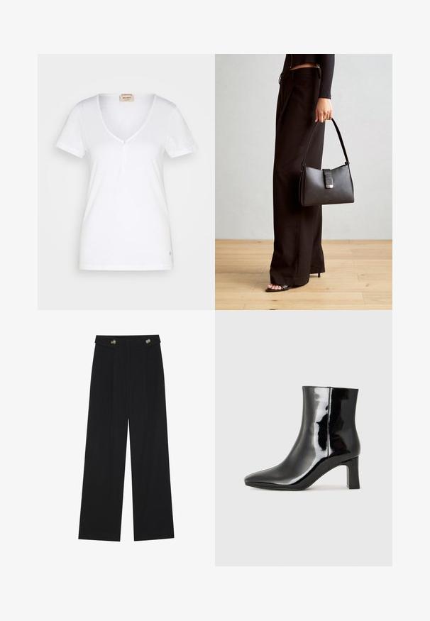 Mos Mosh BASIC TEE - T-shirt basic - white; Pantaloni neri a gamba larga con vita alta, dettagli con bottoni in vita e pieghe frontali.; Stivaletto in pelle verniciata nera con punta a punta e tacco a blocco di altezza media. Texture liscia e design minimalista.; Borsa nera con forma strutturata, texture liscia e una chiusura metallica. Abbinata a pantaloni neri larghi e sandali open-toe su un pavimento in legno.
