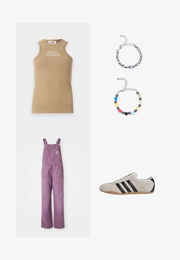 Tan ribbed tank top with a round neckline and wide shoulder straps. Features white "REPLAY MonteCarlo Country Club" embroidery on the front.; Green knitted polo shirt with short sleeves, featuring a textured pattern of large circles and button-up closure.; Purple denim overalls with adjustable straps, front pocket, and wide legs. Material shows slight texture; hardware features silver metal clips.; Suede sneaker with a gray upper, black stripes, and a gum rubber sole. Features a lace-up closure and a gold logo detail on the side.; Silver chain bracelet featuring elongated links above. Below, a colorful beaded bracelet with black, blue, green, yellow, red, and clear beads.
