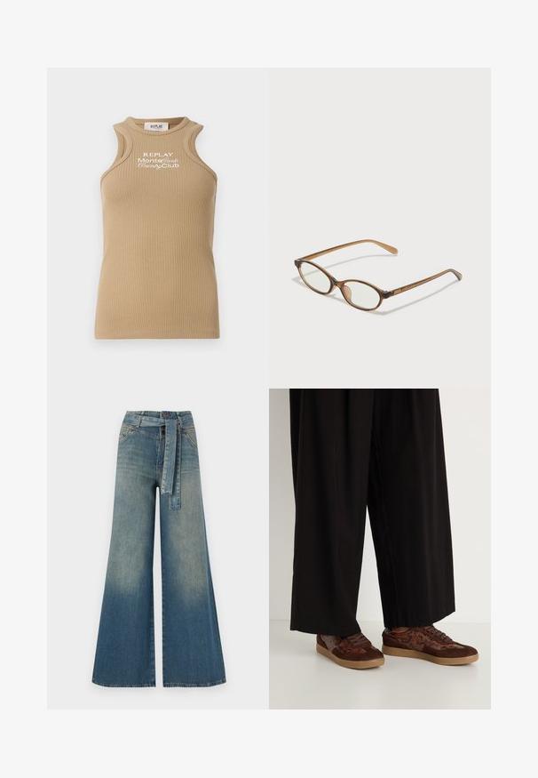 Beige ribbet tank topp med rund halslinning og brede skulderstropper. Har hvit brodering "REPLAY MonteCarlo Country Club" på fronten.; Bredde ben jeans med en lyseblå til mørkeblå gradient, høyt liv, beltehemper og et matchende belte i samme stoff. Teksturert denimoverflate.; Brune sneakers med et blandet materialedesign med ruskind og slangeskinn- accenter, rund tå, snøring og teksturerte gummisåler.; Brune skjellbriller med ovale linser, tynne stenger og gjennomsiktige detaljer. Har en subtil logo på stangen. Elegant, lett design.