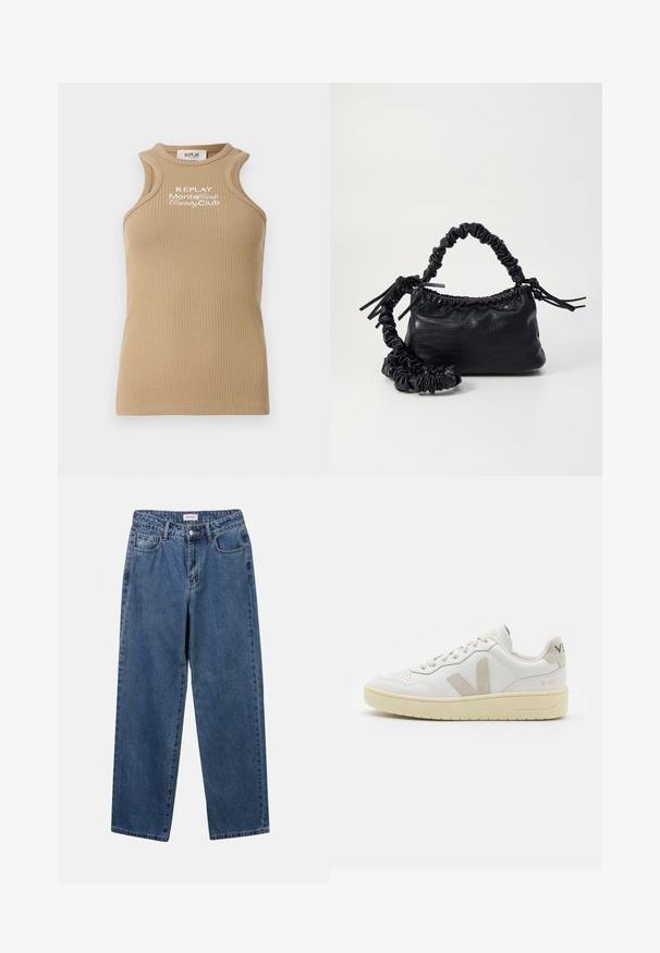 Beżowy prążkowany top na ramiączkach z okrągłym dekoltem i szerokimi ramiączkami. Wyposażony w biały haft "REPLAY MonteCarlo Country Club" z przodu.; Klasyczne niebieskie dżinsy o prostym kroju, pięć kieszeni i zapięcie na guzik. Charakteryzują się średnim odcieniem i solidną teksturą.; Białe skórzane trampki z beżowymi zamszowymi akcentami, perforowanym noskiem, płaskimi sznurowadłami i teksturowaną kremową podeszwą. Posiadają subtelne logo na pięcie.; Czarna torebka z syntetycznej skóry o teksturze krokodyla, z zaciąganym górnym zamknięciem i marszczonym paskiem. Wygląda na miękką i zwartą w designie.