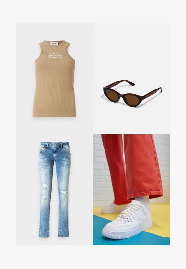 Beige gerippter Tanktop mit rundem Halsausschnitt und breiten Schulterträgern. Mit weißer "REPLAY MonteCarlo Country Club" Stickerei auf der Vorderseite.; Helle blaue Jeans aus Denim mit entspannter Passform, featuring distressed Details, einem Knopfverschluss mit zwei Knöpfen und geraden Beinen.; Weiße Leder-Sneaker mit perforiertem Zehenbereich, strukturiertem Sohlen und weißen Schnürsenkeln, kombiniert mit weiten roten Hosen und einem blauen und gelben Hintergrund.; Braune Schildpatt-Sonnenbrille mit einer Vintage-Cat-Eye-Form und braunen Gläsern. Verfügt über gebogene Bügel mit roten Akzenten.; Goldene Creolen mit einer glatten, glänzenden Oberfläche. Zirkuläres Design mit einem kleinen Stecker und einer klaren Rückseite für einen sicheren Sitz.
