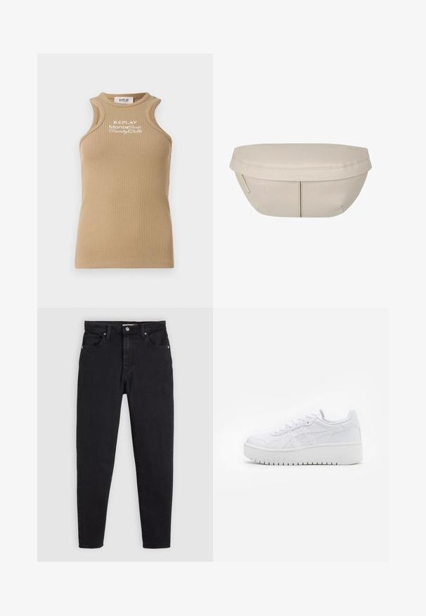 Canotta color sabbia a costine con scollo rotondo e spalline larghe. Presenta un ricamo bianco "REPLAY MonteCarlo Country Club" sul davanti.; Jeans neri slim fit con chiusura a bottone e zip, design a cinque tasche e passanti per cintura su uno sfondo grigio chiaro.; Sneaker piattaforma bianche con texture in pelle liscia, dettagli perforati e lacci piatti; presenta una robusta suola in gomma bianca.; Pochette in tessuto beige dalla forma arrotondata, con parte superiore piatta e dettagli di cucitura sottili. Include un logo minimalista e una strap laterale.