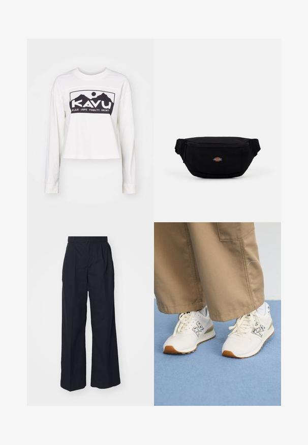 Hvid langærmet T-shirt med cropped design. Har et sort grafisk print af bjerge og teksten "KAVU" på forsiden. Blød tekstur.; Bredde ben, højtaljede bukser lavet af mørkt stof. Har folder foran og en glat talje med bæltesløjfer. Klassisk design.; Hvide sportsko med en tekstureret, beige gummisål. De har et blåt dyreprint som accent og flade, beige snørebånd, sammen med lysebrune bukser.; Sort stof damebælte med lynlås lukkefunktion, der har et lille brandet logo på fronten. Kompakt, afrundet design med justerbare stropper.