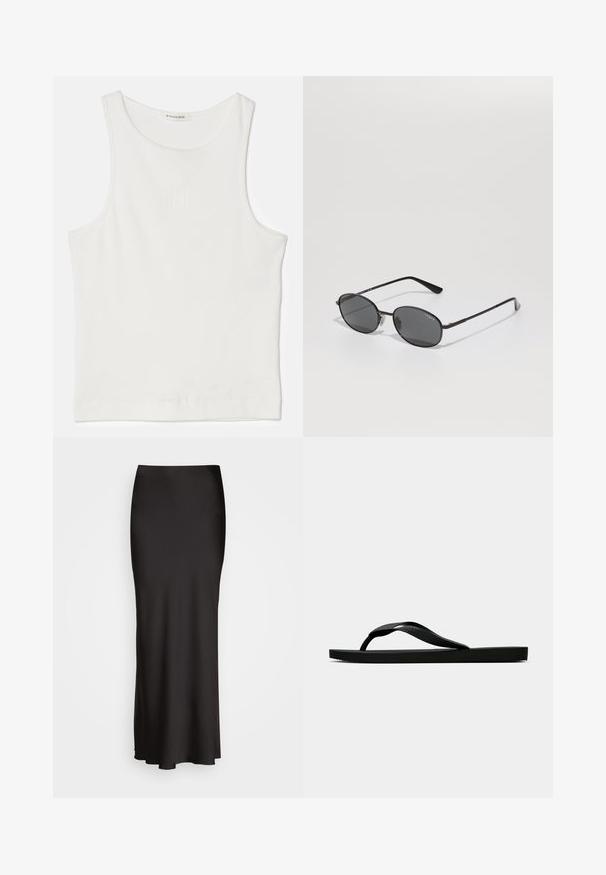 By Malene Birger AMANIAS - Felső - off-white; Fekete, padlóig érő selymes hatású szoknya, sima textúrával, testhez simuló derékkal és A-vonalú sziluettel, látható díszítések vagy minták nélkül.; Fekete gumipapucs, textúrált pánttal és egyszerű lapos talppal, oldalnézetből, világos háttér előtt.; Fekete ovális napszemüveg sötét lencsékkel, vékony fém kerettel és egyenes szárakkal. A belső szárban található a márkád logója, továbbá orrtámaszokkal is rendelkezik.