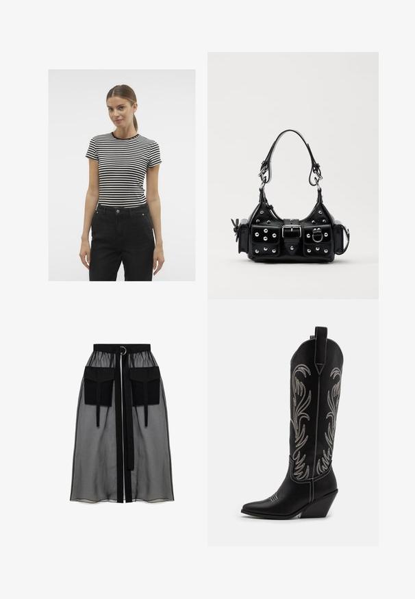 Aware VMINES FIONA O NECK - T-shirts basic - black/snow white; Sort gennemsigtig nederdel med en rynket talje, der har to store forlommer, et taljebånd og en cirkulær metaldetalje.; Sorte læder cowboystøvler med spidse tæer, kilehæle og sølv broderede blomster mønstre langs skaftet. Kontrast syning overalt.; Sort læderhåndtaske med et buet design, prydet med sølvfarvede nitter, en spænde og to sidelommer. Justerbar rem til forskellige bære muligheder.