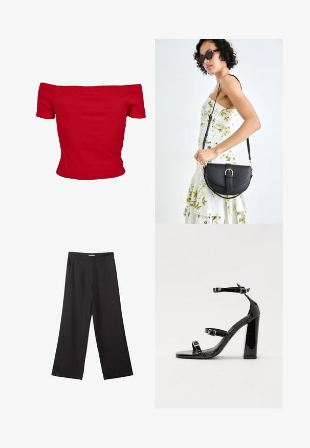 Červený off-shoulder top vyrobený z rebrovanej látky, s krátkymi rukávmi a priliehavým strihom. Hladká textúra, jednoliata farba bez vzorov.; Čierne široké nohavice vyrobené z hladkej tkaniny, so zipsom vpredu a dvoma bočnými vreckami, s prispôsobeným strihom a minimalistickým dizajnom.; Čierne lakované sandále na podpätku so štvorcovou špičkou, navlečenými remienkami okolo členku a striebornými prackami. Disponujú masívnym blokovým podpätkom pre stabilitu.; Čierna kožená kabelka s zaobleným tvarom, odnímateľným popruhom a zlatými doplnkami. Kabelka má klopu s detailom s prackou.