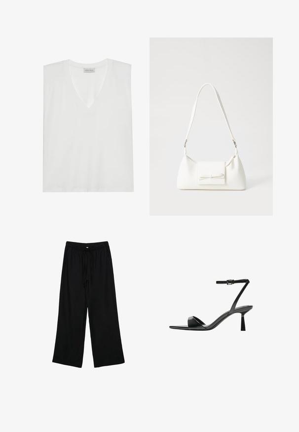 Bijela V-majica napravljena od mekane, glatke tkanine. Ima kratke rukave, opuštenu kroj i oznaku na vratu. Jednostavan i svestran dizajn.; Crne, lagane hlače širokih nogavica s elastičnom pasicom i vezicom. Glatka tekstura, bez vidljivih uzoraka ili hardvera.; Bershka Sandale s visokom petom - black; Bijela sintetička torbica s trokutastim oblikom, ravnim prednjim poklopcem i detaljem u obliku mašne, podesivom remenom, glatkom teksturom i minimalističkim dizajnom.