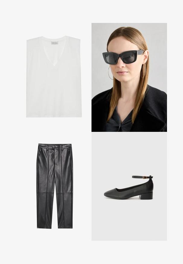 Hvit V-hals T-skjorte laget av myk, glatt stoff. Har korte ermer, en avslappet passform, og en etikett ved halsen. Enkelt og allsidig design.; Sorte lærbukser med en glat tekstur, der har en lige pasform, to forlommer og synlige sømdetaljer.; Sorte skinnpumper med spiss tå og lav blokkhelt. Har ankelrem med gullfarget spenne. Glatt tekstur.; Sorte katteøyne solbriller med mørke linser, tykke rammer og subtile detaljer. Båret med en svart frakk og grå topp, med langt, rett hår.