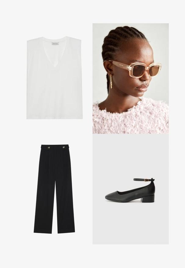 Witte V-hals T-shirt gemaakt van zachte, gladde stof. Heeft korte mouwen, een relaxte pasvorm en een label bij de halslijn. Eenvoudig en veelzijdig ontwerp.; Zwarte wijde broek met hoge taille, knoopdetails op de tailleband en plooien aan de voorkant.; Zwarte leren pump met een spitse neus en een lage blokhak. Beschikt over een enkelband met een goudkleurige gespsluiting. Gladde textuur.; Beige oversized zonnebril met een doorzichtig montuur en bruine getinte glazen, met subtiele bloemaccenten en een gedurfde, geometrische ontwerp.