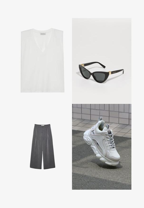 Bílý V-krční tričko vyrobené z měkké, hladké látky. Obsahuje krátké rukávy, volný střih a štítek na výstřihu. Jednoduchý a univerzální design.; Přehnuté kalhoty s širokými nohavicemi v tmavě šedé tkanině s jemnou texturou. Obsahují zapínání na knoflík a klasický design pasu.; Bílé tenisky vyrobené z textilního a koženého materiálu, s kulatou špičkou, silnou podrážkou, výraznými šňůrkami a logem na patě a jazyku.; Sluneční brýle ve stylu kočičích očí s černými plastovými rámy, tmavými skly a zlatými akcenty na spáncích. Hladký povrch a odvážný design.; Černá hobo taška vyrobená z hladké kůže s křivkovým siluetou, s jedním nastavitelným popruhem a minimalistickými designovými detaily.