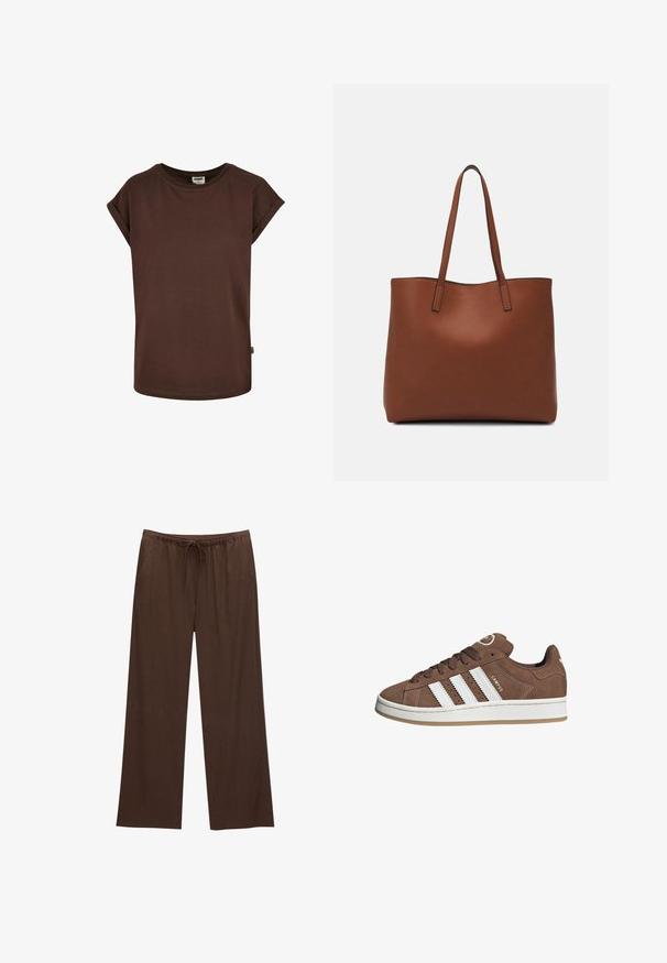 Brązowa bawełniana koszulka z krótkimi rolowanymi rękawami, okrągłym dekoltem i luźnym krojem. Posiada małą metkę na bocznej szwie.; Brązowe spodnie szerokie wykonane z miękkiego materiału, z elastycznym paskiem w talii i sznurkiem, oraz dwiema bocznymi kieszeniami.; Brązowe zamszowe sneakersy z białymi skórzanymi paskami, gumową podeszwą, zaokrąglonym noskiem i sznurowanym przodem. Posiadają logo na języku i perforowane akcenty.; Brązowa skórzana torba tote o gładkiej fakturze, z otwartym wierzchem i dwoma ramiączkami. Charakteryzuje się minimalnym przeszyciem i brakiem widocznych elementów metalowych.