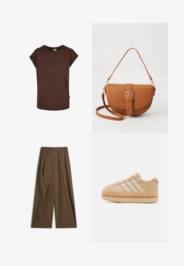 Tricou din bumbac maro, cu mâneci scurte rulate, guler circular și o croială lejeră. Are un mic eticheta pe cusătura laterală.; Pantaloni largi maro cu dungi subțiri albe, talie înaltă, închidere cu buton frontal și panou suprapus de tip wrap.; Sneakers din suede bej cu platformă, cu trei dungi albe, vârf rotund și talpă din cauciuc bej, având un accent de logo auriu pe lateral.; Geantă din piele maro, tip crossbody, cu o formă curbată, accesorii aurii și un accent cu cataramă. Dispune de un curea de umăr detașabilă.