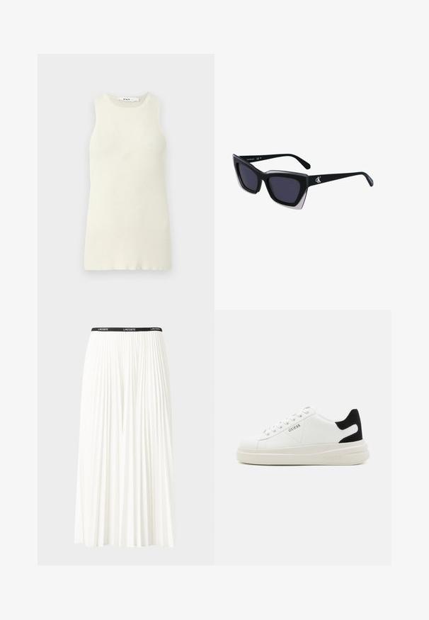 Sleeveless cream tank top made of ribbed fabric, featuring a round neckline and a close-fit design. No visible patterns or accents.; Pleated white skirt with a black elastic waistband featuring the "LACOSTE" logo. Mid-length design with soft texture.; White leather sneakers with a thick white sole, black suede heel accent, and embossed logo on the side. Laced design with six eyelets.; Black oversized sunglasses with a geometric shape, featuring dark lenses and a contrasting grey detail on the frame. Logo on the arm.