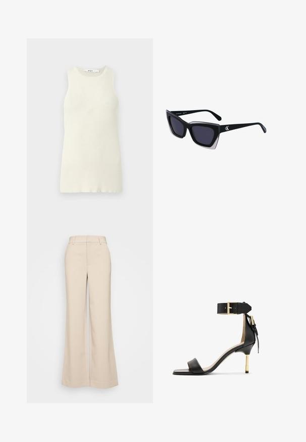 Bezramenný krémový top z žebrované tkaniny, s kulatým výstřihem a přiléhavým střihem. Žádné viditelné vzory ani akcenty.; Krémové kalhoty s širokými nohavicemi a hladkou texturou, se zvýšeným pasem a dvěma předními kapsami. Čistý design s přiléhavým střihem.; Černá kožená sandál s podpatkem, čtveratou špičkou, páskem okolo kotníku se zlatou přezkou a štíhlým kovovým podpatkem. Hladká textura, minimalistický design.; Černé oversized sluneční brýle geometrického tvaru, s tmavými skly a kontrastním šedým detailem na rámu. Logo na rameni.