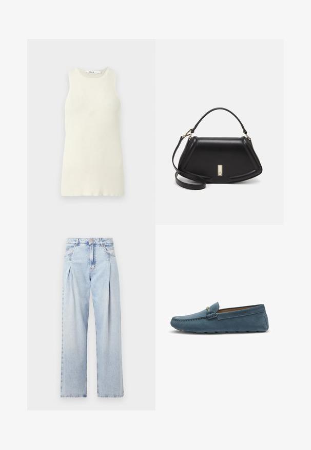 Top senza maniche color crema realizzato in maglia a costine, caratterizzato da un colletto rotondo e una vestibilità aderente. Nessun motivo o dettaglio visibile.; Jeans in denim azzurro chiaro con vita alta, taglio a gamba larga, due tasche laterali e design plissettato. Texture morbida con una finitura sbiadita.; Mocassini in suede blu con suola piatta, caratterizzati da un design cucito lungo i bordi e un accento metallico decorativo nella parte anteriore.; Borsa a mano in pelle nera con un design strutturato, caratterizzata da una forma corta, manico superiore e accessori in metallo dorato. Inclusa tracolla regolabile.