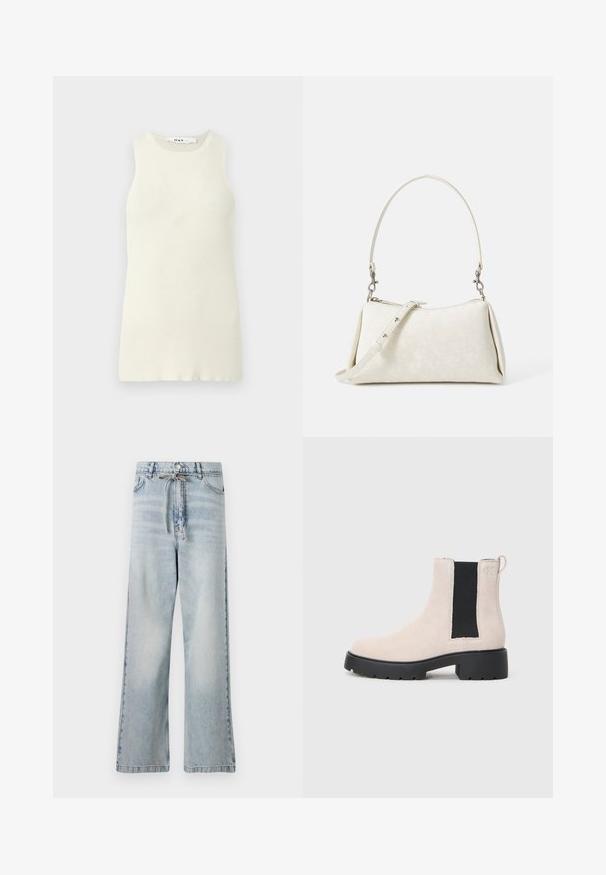 Mouwloze crèmekleurige tanktop van ribstof, met een ronde halslijn en een aansluitend ontwerp. Geen zichtbare patronen of accenten.; Lichtblauwe wijde jeans van denim, met een hoge taille, voorzakken en een trekkoorddetail bij de taille. Versleten structuur.; Beige suède Chelsea-boot met zwarte elastische zijpaneel, robuuste zwarte zool en een trekhaak bij de enkel.; Witte handtas met een gladde textuur, gebogen silhouet en verstelbare schouderriem. Voorzien van een subtiel logo-patroon en zilveren hardware-accenten.