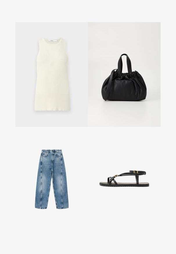 Débardeur sans manches couleur crème en tissu côtelé, avec un col rond et une coupe près du corps. Aucun motif ni accent visible.; Jeans en denim bleu clair avec une coupe décontractée, de grandes poches et des coutures contrastées. Le tissu a une finition délavée avec une texture lisse.; Sandales en cuir noir avec de fines lanières et une sangle autour de la cheville à boucle. Semelle plate avec une finition texturée et un bord en zigzag. Design minimaliste.; Sac à main en cuir noir avec un design à haut froncé, doté de deux poignées courtes et d'une bandoulière longue et réglable. Texture lisse, forme arrondie.