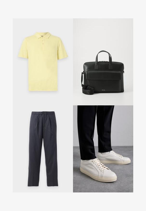 Keltainen poolopaita, lyhyet hihat, kolme nappia kauluksessa, valmistettu pehmeästä puuvillakankaasta, jossa on sileä rakenne ja yksinkertainen muotoilu.; Tummansiniset housut, jotka on valmistettu pehmeästä kankaasta ja niissä on pleidattu etuosa sekä joustava vyötärö. Varustettu napilla suljettavalla ja suoran lahkeen leikkauksella.; Vaaleanbeige nahkakengät, joissa on litteät nauhat, teksturoitu pinta ja kontrastiväri kermanvalkoinen kumipohja, yhdistettynä mustiin kapeisiin housuihin.; Musta nahkainen salkku, jossa on kaksinkertaiset yläpitäjät, etutasku ja irrotettava hihna, ja jossa on huomaamaton merkintä pohjassa.