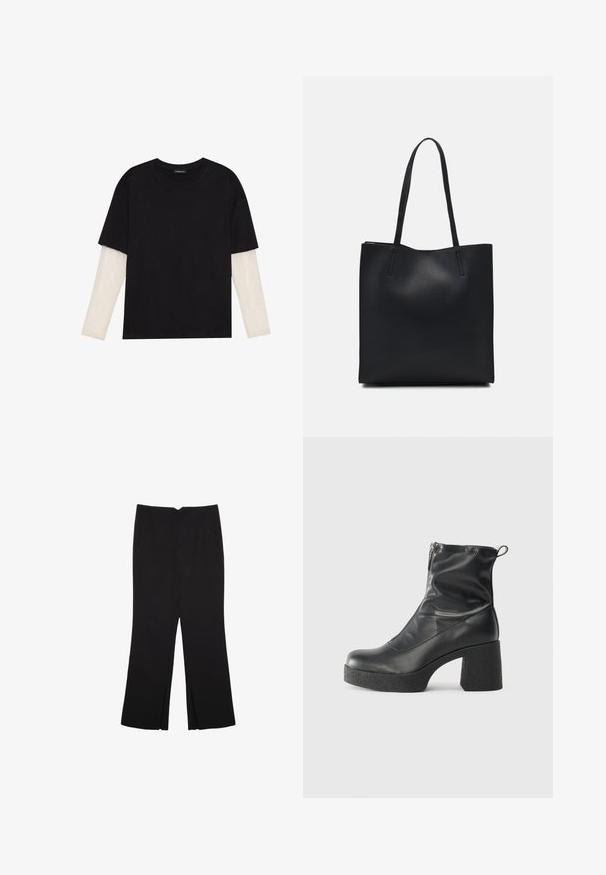 Crni majica od pamuka, s kratkim rukavima preko bijele dugorukave slojevite s suptilnim teksturiranim uzorkom. Dizajn s okruglim izrezom.; Crne hlače ravnog kroja, s prednjim džepovima i bočnim prorezima na rubu. Izrađene od mekog i glatkog materijala. Pogodne za razne prigode.; Crne gležnjače od glatke kože, s bočnim zatvaračem, debelim teksturiranim potplatom i dizajnom s zaobljenim prstima.; Crna kožna torba za nošenje s glatkom teksturom, pravokutnim oblikom i dvije duge ručke. Nema vidljivih metalnih dijelova ili ukrasa.