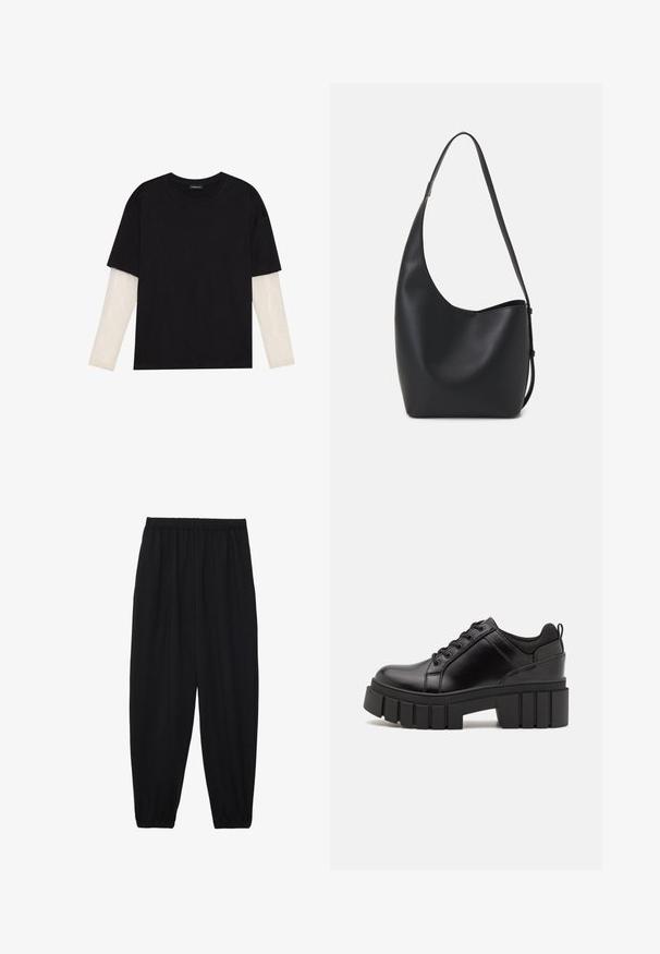 Black T-shirt made of cotton, featuring short sleeves over a white long-sleeve layer with a subtle textured pattern. Crew neckline design.; Black, lightweight pants with an elastic waistband and gathered ankles. The fabric is smooth and features a relaxed, tapered design.; Black leather platform shoes with a chunky block heel, round toe, and traditional lace-up design. Features smooth texture and minimal detailing.; Black leather hobo bag with a smooth texture, curved shape, and single adjustable strap; features a wide opening at the top.