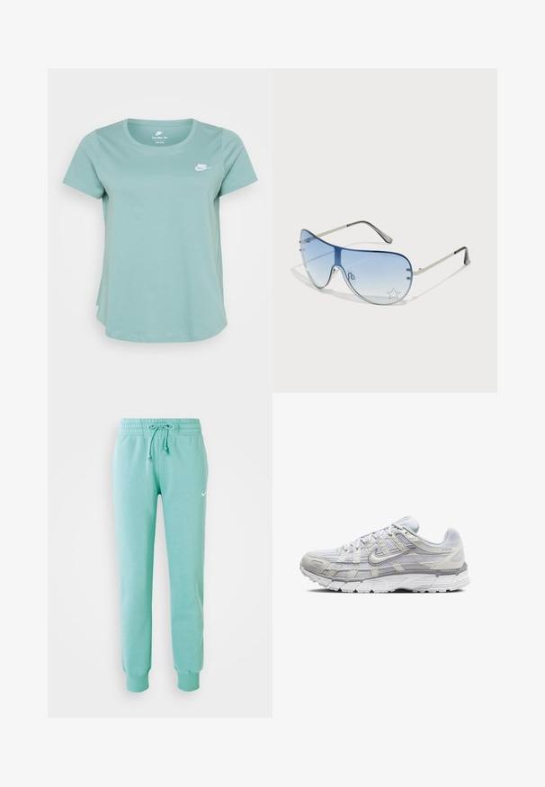 Lys grønn kortermet t-skjorte laget av myk bomull. Den har rund hals og en liten hvit Nike-logo på brystet. Litt buet nederkant.; Mintgrønne sweatpants med elastisk talje, snøre og ribbede manchetter. Har et lille hvidt Nike-logo på venstre lår.; Lys grå sportsko med overdel i mesh og syntetisk materiale, med snøring, polstret krave og strukturert såle for grep.; Pilotbriller med gradient blå linse, sølvfarget metallramme og dekorative stjerneaksenter på linsen. Glatt og stilren design.