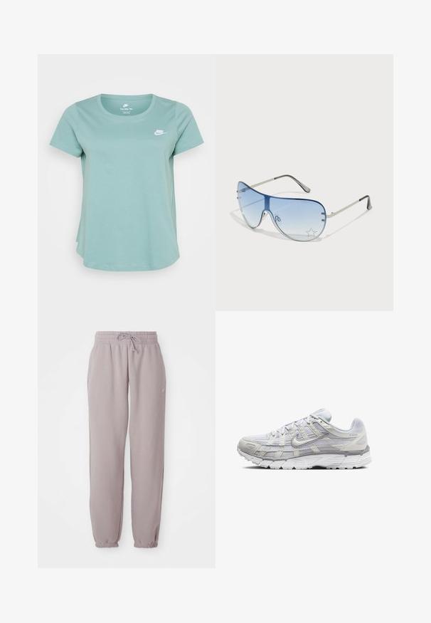 T-shirt de manga curta verde-claro feito de algodão macio. Apresenta um decote redondo e um pequeno logo branco da Nike no peito. Barra ligeiramente curvada.; Calças de moletão em malva claro, com cintura elástica, cordão, bolsos laterais e punhos elásticos, apresentadas de forma plana contra um fundo branco.; Sapatos atléticos cinza claro com parte superior em malha e sintético, apresentando um fecho de cordões, colarinho acolchoado e sola texturizada para aderência.; Óculos de sol aviador com lentes azuis em degradê, armação metálica prateada e detalhes decorativos de estrelas nas lentes. Design suave e elegante.