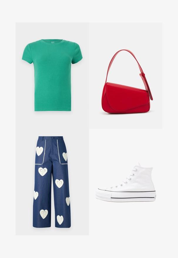 Zeleni rebrasti kratkosleeveni T-shirt, okrogli izrez, prilegajoč dizajn, mehak material, izdelan iz raztegljive bombažne tkanine. Brez opaznih akcentov.; Cvetna bluzica z dolgimi puff rokavi, svetlo smetanaste barve, s purpurnimi, oranžnimi in zelenimi cvetličnimi vzorci ter klasičnim ovratnikom.; Sister Jane HEART TO HEART - Ravne kavbojke - blue denim; Beli visoki platneni športni čevelj z črnim gumijastim podplatom, sprednjim gumijastim zaščitnikom za prste in šestimi luknjicami za vezalke, ki se ponaša s preprostim, minimalističnim dizajnom.; Rdeča usnjena torba z angularnim, geometrijskim dizajnom. Ima en samostoječ nastavljiv ročaj in pokrov, zaprt z zapiranjem, ki je okrašen s šivi.