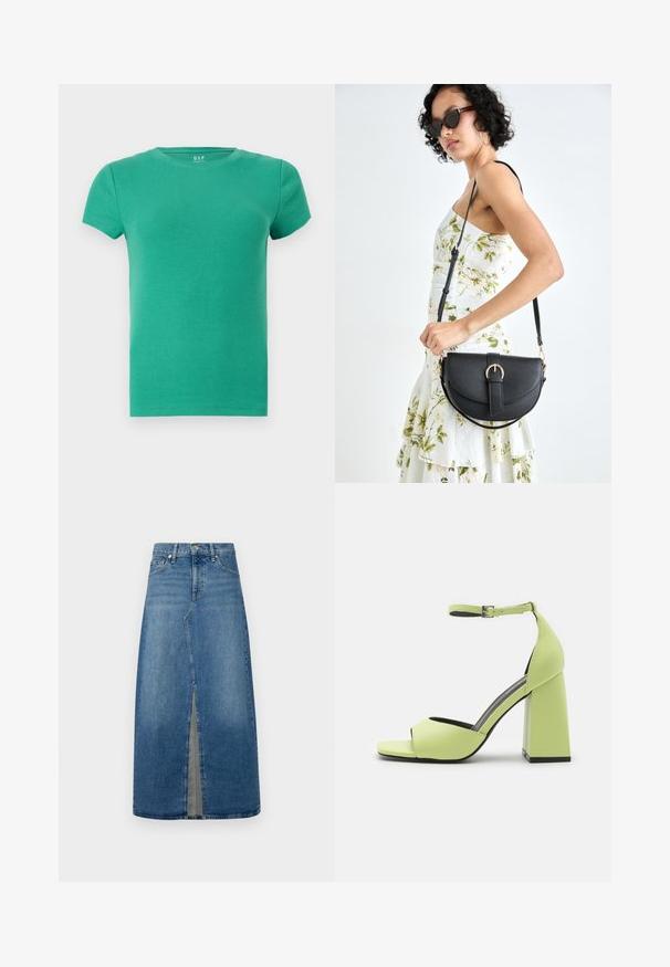 Green ribbed short-sleeve T-shirt, round neckline, fitted design, soft texture, made from stretchy cotton material. No notable accents.; Denim midi skirt with a front slit. Features a fitted waist, light blue wash, belt loops, and classic five-pocket design.; Even&Odd High heeled sandals - light green; Black leather handbag with a curved shape, detachable strap, and gold hardware. The bag features a flap with a buckle detail.