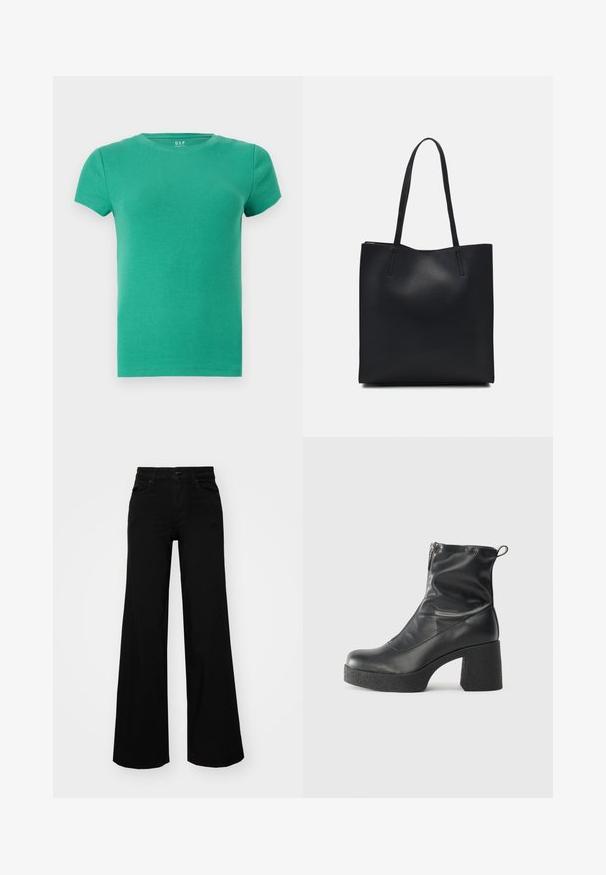 T-shirt verde de mangas curtas com nervuras, decote redondo, design ajustado, textura suave, feito de material de algodão elástico. Sem detalhes notáveis.; Calças largas pretas em denim, com uma cintura estruturada, passantes para cinto e bolsos frontais. Textura suave com um design clássico.; Botas de tornozelo pretas feitas de couro liso, com fecho lateral, salto grosso texturizado e design de bico arredondado.; Bolsa tote preta em couro com textura lisa, forma retangular e duas alças longas. Sem hardware ou enfeites visíveis.