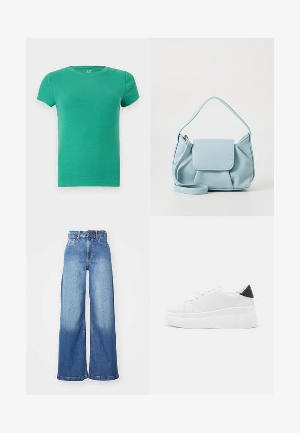 T-shirt verde de mangas curtas com nervuras, decote redondo, design ajustado, textura suave, feito de material de algodão elástico. Sem detalhes notáveis.; Jeans de ganga azuis de cintura alta e pernas largas, com botão frontal, fecho de correr e design clássico de cinco bolsos.; Tênis plataforma brancos feitos de material sintético suave, apresentando ponta arredondada, design com cadarços e sola de borracha texturizada. Acento preto no calcanhar.; Bolsa de mão de couro azul claro com alça superior, bolso frontal com aba e alça de pulso destacável, em fundo branco.