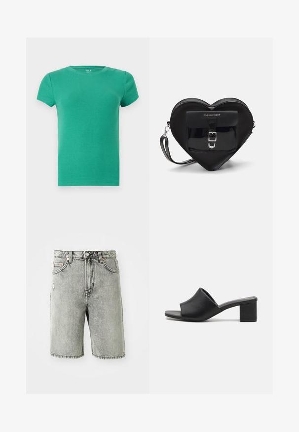 Grünes, geripptes T-Shirt mit kurzen Ärmeln, runder Ausschnitt, figurbetontes Design, weiche Textur, aus dehnbarem Baumwollmaterial gefertigt. Keine auffälligen Akzente.; Grau denim Shorts mit klassischem Fünf-Taschen-Design, einem verwitterten Finish und gestickten Details am Saum und der Taille.; Schwarze Leder-Mules mit Blockabsatz und offenem Zehenbereich, mit einer glatten Oberfläche und einem leicht geschwungenen Schaft für Komfort und Stil.; Schwarze, herzförmige Tasche aus Lackleder mit einer Vordertasche, die über einen Schnallenverschluss verfügt, sowie einem abnehmbaren Trageriemen. Silberne Hardware-Details.