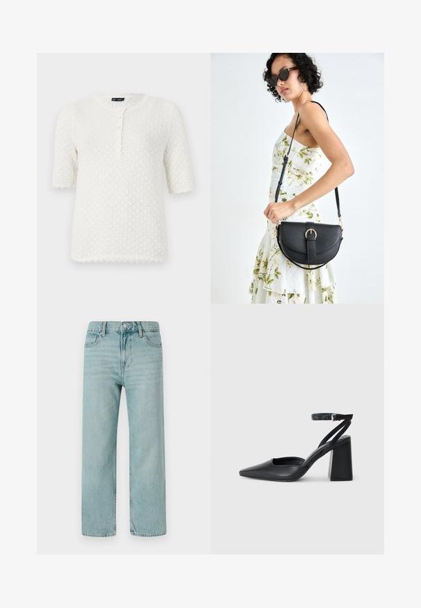 GAP POINTELLE - T-shirt basic - ivory frost; Lichtblauwe wijde jeans van denim, met een klassieke vijf-pocketontwerp, strakke lijnen en een normale tailleband met een knoopsluiting.; Zwarte leren puntige pump met een enkelbandje en een chunky hak. Vlakke textuur, strakke vormgeving en minimalistische esthetiek.; Zwarte leren handtas met een gebogen vorm, afneembare schouderband en gouden hardware. De tas heeft een klep met een gespsluiting.