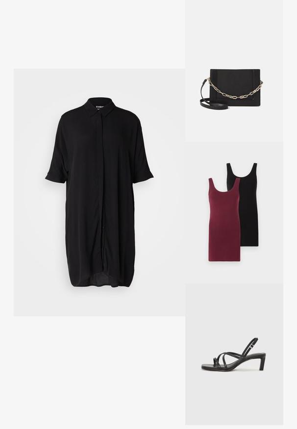 Dve brezrokavne obleke: ena v burgundski barvi in ena v črni. Narejene so iz mehke, raztegljive tkanine z oprijetim krojem in okroglim izrezom.; Črno kratek rokav oblekica iz lahkega blaga. Ima ovratnik, zapenjanje spredaj z gumbi in ohlapen, podolgovat kroj.; Črne natikače s trakovi in kvadratnim prstom ter nizkim blokastim peto. Imajo več tankih trakov in nastavljiv trak okoli gležnja. Narejene so iz gladkega usnja.; Črna usnjena torba čez ramo z gladko teksturo, pravokotno obliko in kovinskim verižnim detajlom spredaj. Vključena je nastavljiva naramnica.