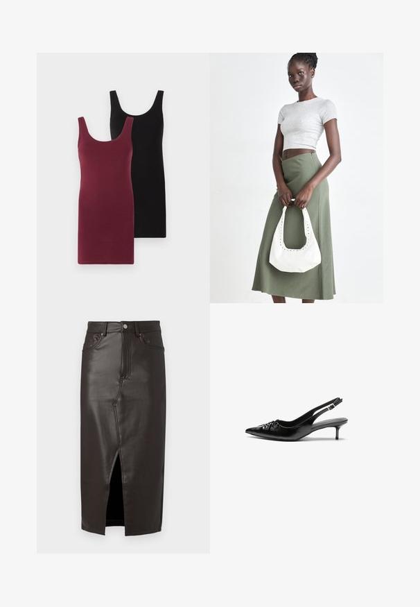 Két ujjatlan ruha: az egyik bordó, a másik fekete. Puha, rugalmas anyagból készült, testhez simuló fazonban és kerek nyakkivágással.; Barna bőr midi szoknya elöl hasítékkal, öt zsebes kialakítással és fémből készült gombos záródással. Sima textúrájú és szabott fazonú.; Fekete bőrből készült slingback magassarkú cipők hegyes orral, kis francia sarokkal és díszes csomóval az elején. Az egész felületen sima textúra.; Szürke bordázott cropped top és olajzöld, magas derékú szoknya. A modellen egy fehér válltáska van, amely kivágott részletekkel rendelkezik. Egyszerű dizájn, testhezálló sziluett.