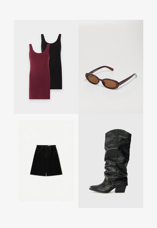 Dve haljine bez rukava: jedna u boji burgundca i jedna u crnoj. Napravljene od meke, elastične tkanine s prilagođenim dizajnom i okruglim izrezom.; Crne traper kratke hlače s slobodnim krojem, koje imaju pet džepova, žute šavove i dizajn struka srednje visine.; Crne kožne čizme do koljena s opuštenim dizajnom, šiljastim vrhom i debelim potplatom, s glatkom teksturom i minimalnim šavovima.; Okvir okruglih, smeđkastih sunčanih naočala s sjajnim burgundskim okvirom. Uski nositelji s suptilnim brendiranjem. Ravna leća.