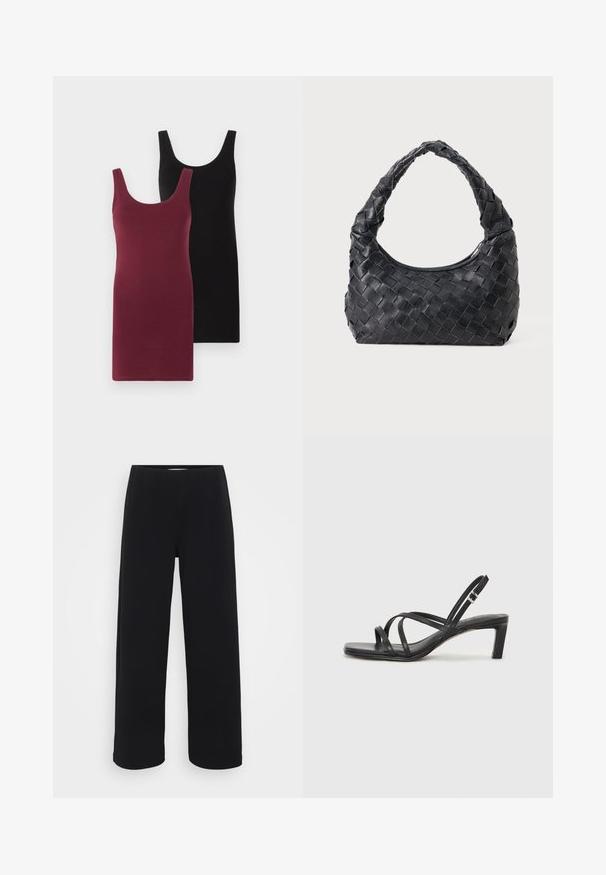 Dwie sukienki bez rękawów: jedna w kolorze burgundowym, a druga czarna. Wykonane z miękkiego, elastycznego materiału o dopasowanym kroju i okrągłym dekolcie.; Czarne szerokie spodnie z elastycznym pasem. Wykonane z teksturowanego materiału, charakteryzujące się luźnym krojem i prostym fasonem od bioder do dołu.; Czarne sandały na obcasie z prostokątnym noskiem i niskim słupkowym obcasem. Posiadają wiele cienkich pasków i regulowany pasek na kostkę. Wykonane z gładkiej skóry.; Czarna skórzana torebka na ramię pleciona, z okrągłym uchwytem i kształtem półksiężyca na jednolitym tle.