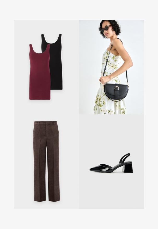 Két ujjatlan ruha: az egyik bordó, a másik fekete. Puha, rugalmas anyagból készült, testhez simuló fazonban és kerek nyakkivágással.; Barna bordás, egyenes szárú nadrág övhurkokkal és elülső hajtásokkal, fehér háttér előtt.; Fekete lakk bőr szandálkés magas sarkú cipő, hegyes orral és geometrikus tömbsarkakkal. Karcsú, minimalista dizájn és sima textúra jellemzi.; Fekete bőrtáska ívelt formával, levehető pánttal és arany színű fémrészekkel. A táskán egy csattal díszített fedél található.